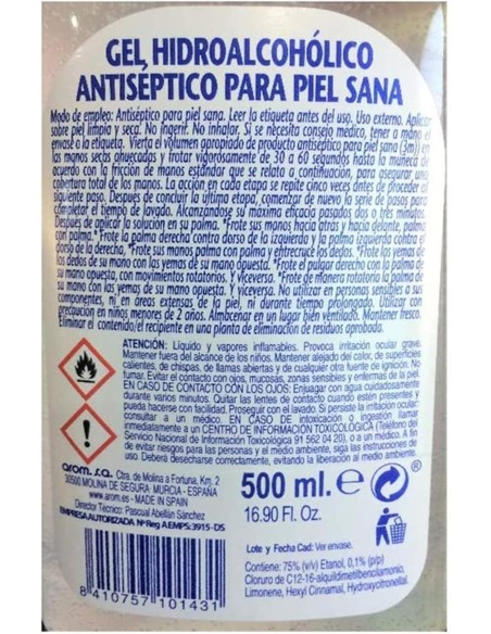 Gel Hidroalcohólico desinfectante de manos, dispensador 500 ml.